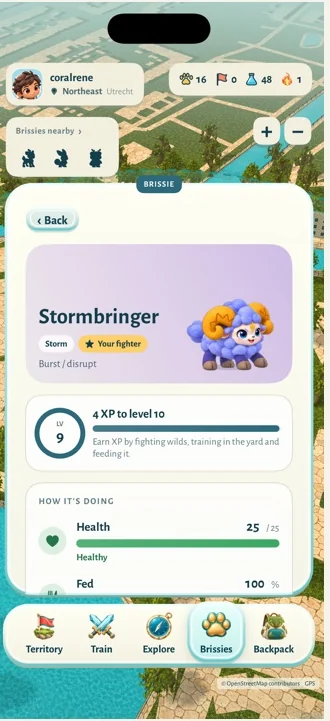 Current Brissie detail screen showing Stormbringer's health and experience